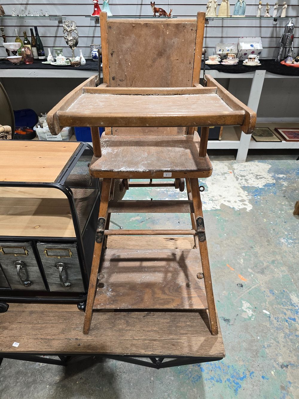 Lot 123: 1 X CHILDS 1950S HIGH CHAIR FOLD DOWN...
