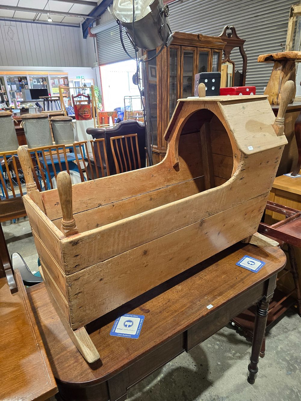Lot 145: 1 X VICTORIAAN PINE CHILDS ROCKING CRIB
