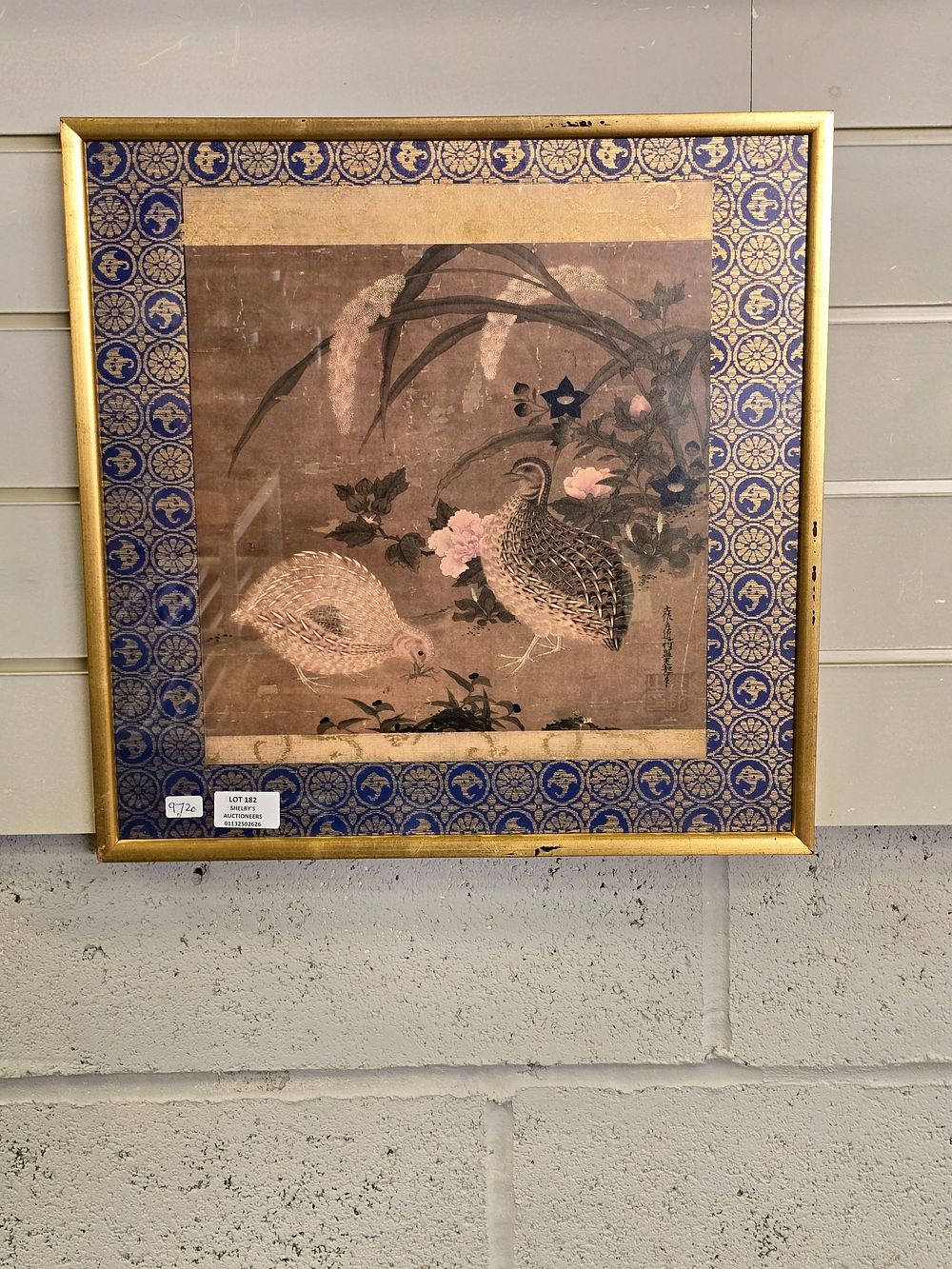 Lot 182: 1 X FRAMED ORIENTAL SILK QUAILS FEEDING