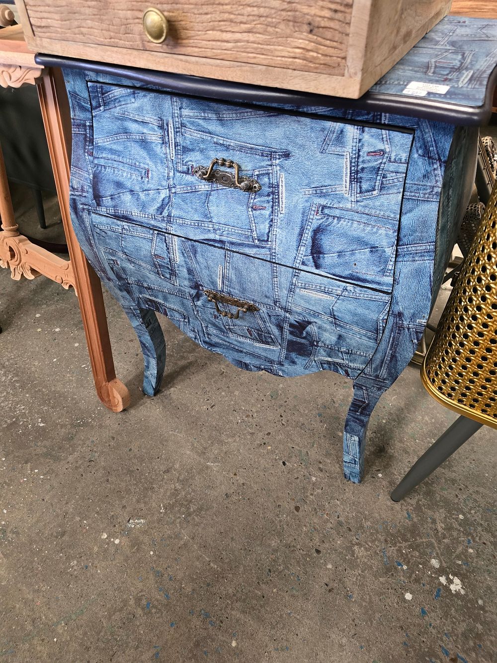 Lot 146: 1 X DENIM PATTERN 2 DRAWER WOODEN BEDSIDE...