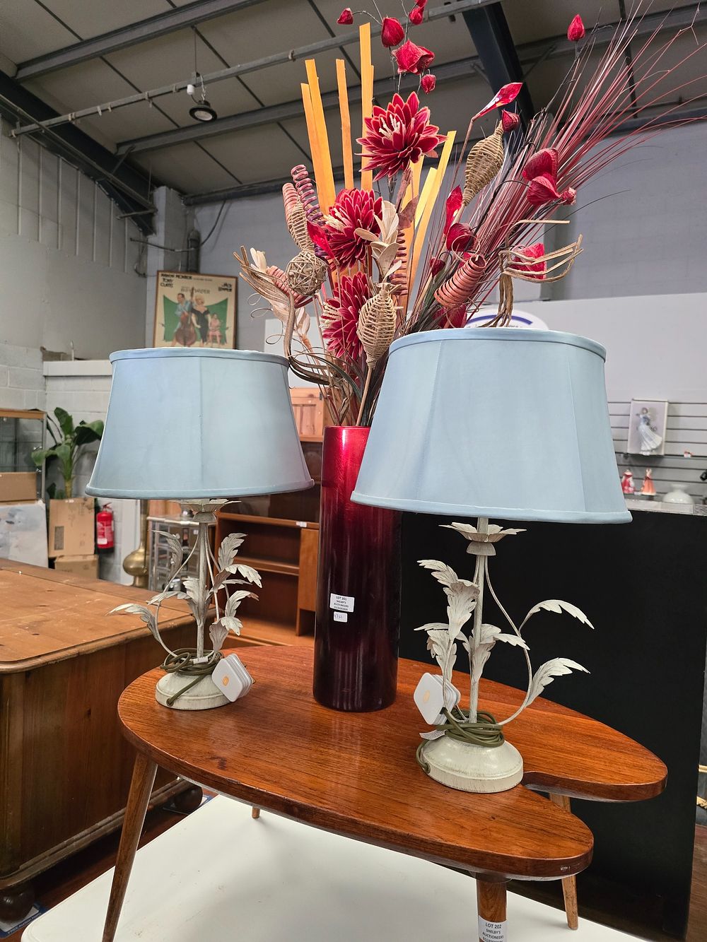 Lot 201: PAIR OF METAL LEAF STYLE LAMPS WITH VASE...
