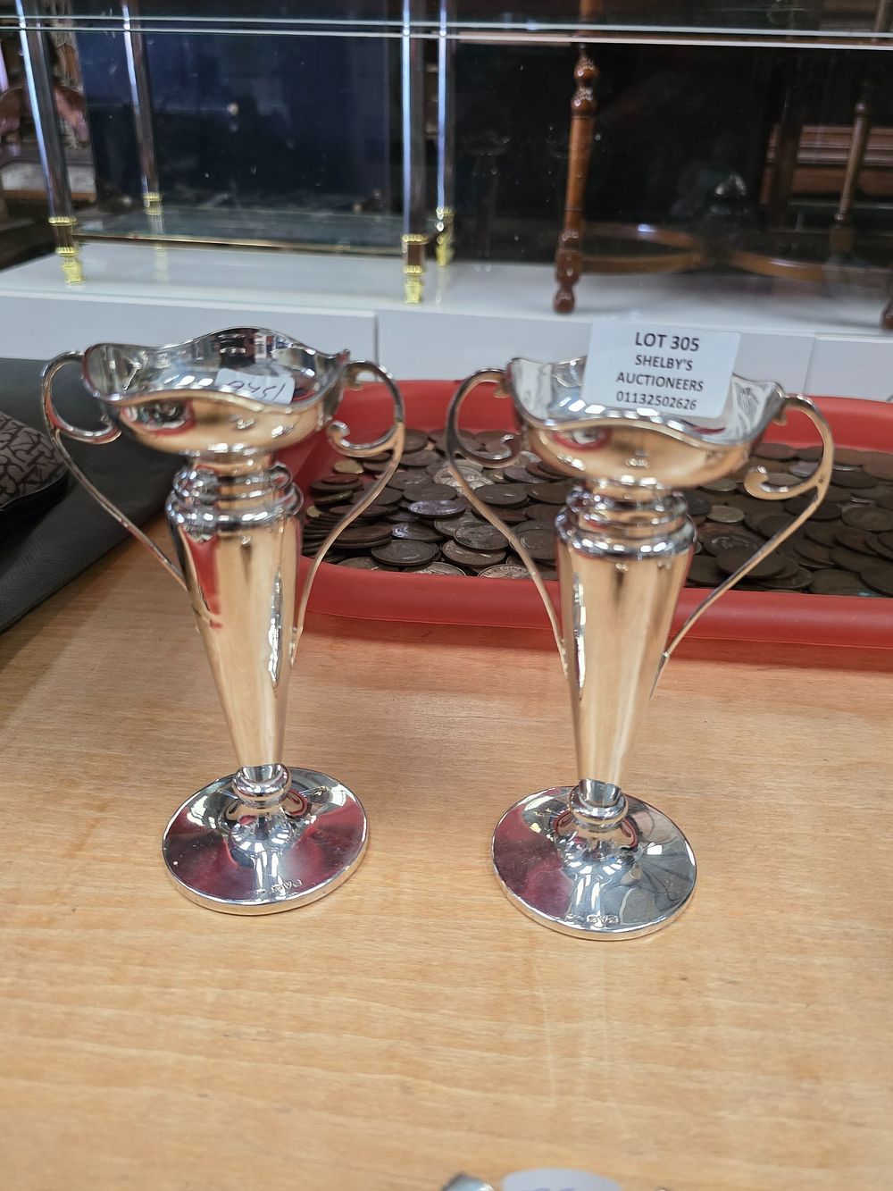 Lot 305: 2 X SILVER BUD VASES CHESTER HALL MARK...