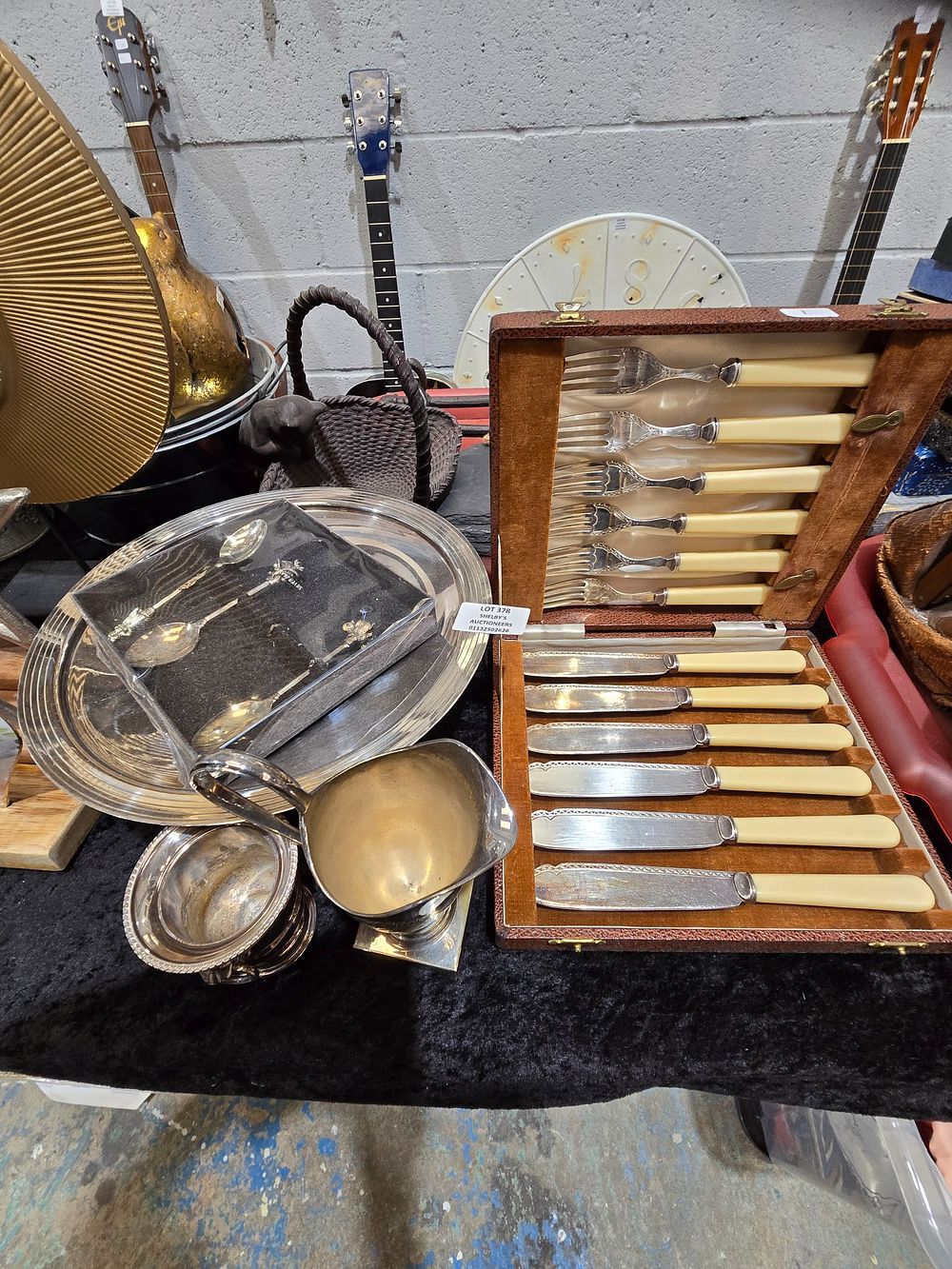 Lot 378: SELECTION OF PLATED WARE ITEMS VASE CUTLERY ETC