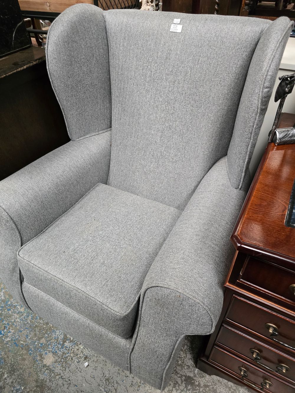Lot 68: 1 X NEW GREY UPHOLSTERY WING BACK ARM...