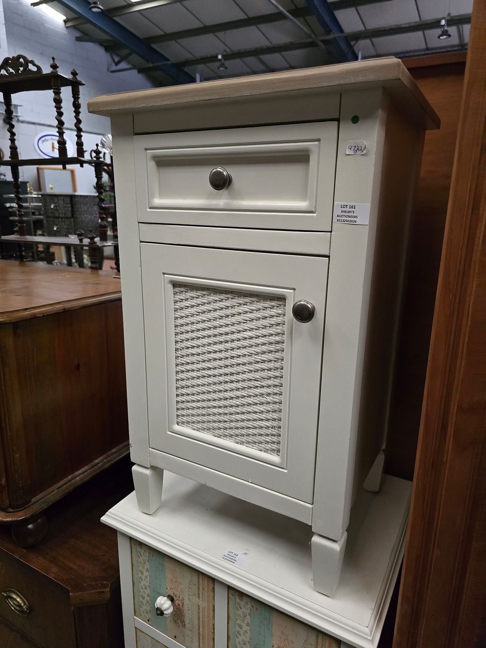 Lot 161: 1 X NEW SMALL WOODEN TOPPED BEDSIDE CABINET...