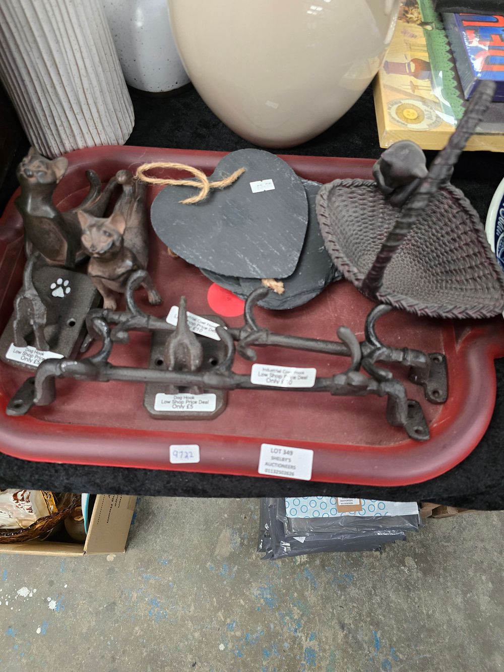 Lot 349: 1 X TRAY CONTAINING COAT HOOKS DOG LEAD...