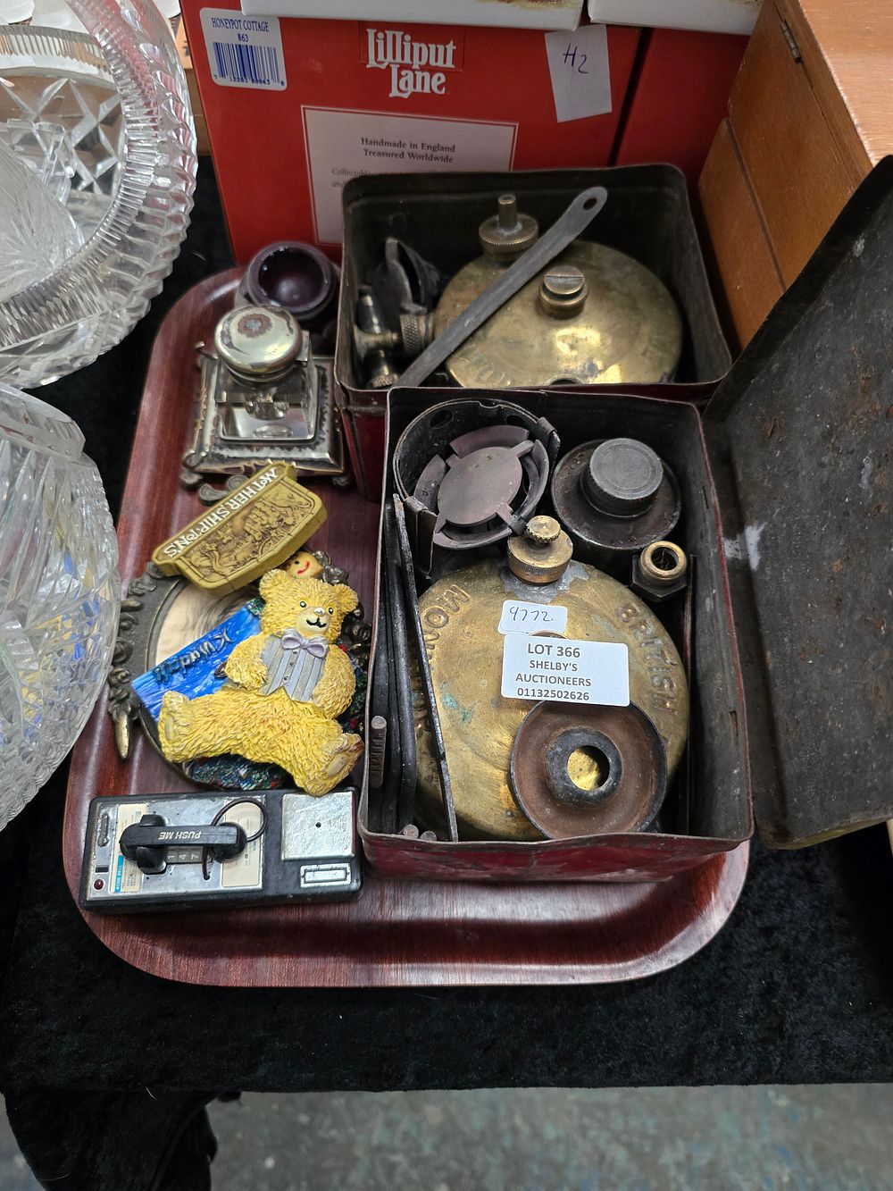Lot 366: 1 X TRAY CONTAINING VINTAGE CAR ITEMS INKWELL...