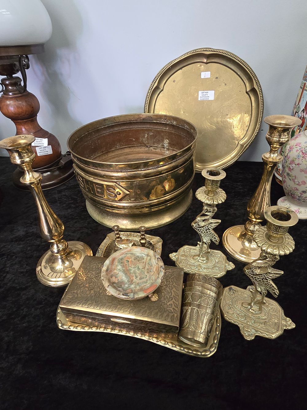 Lot 419: SELECTION OF BRASS WARE ITEMS CHARGER CANDLE STICKS...