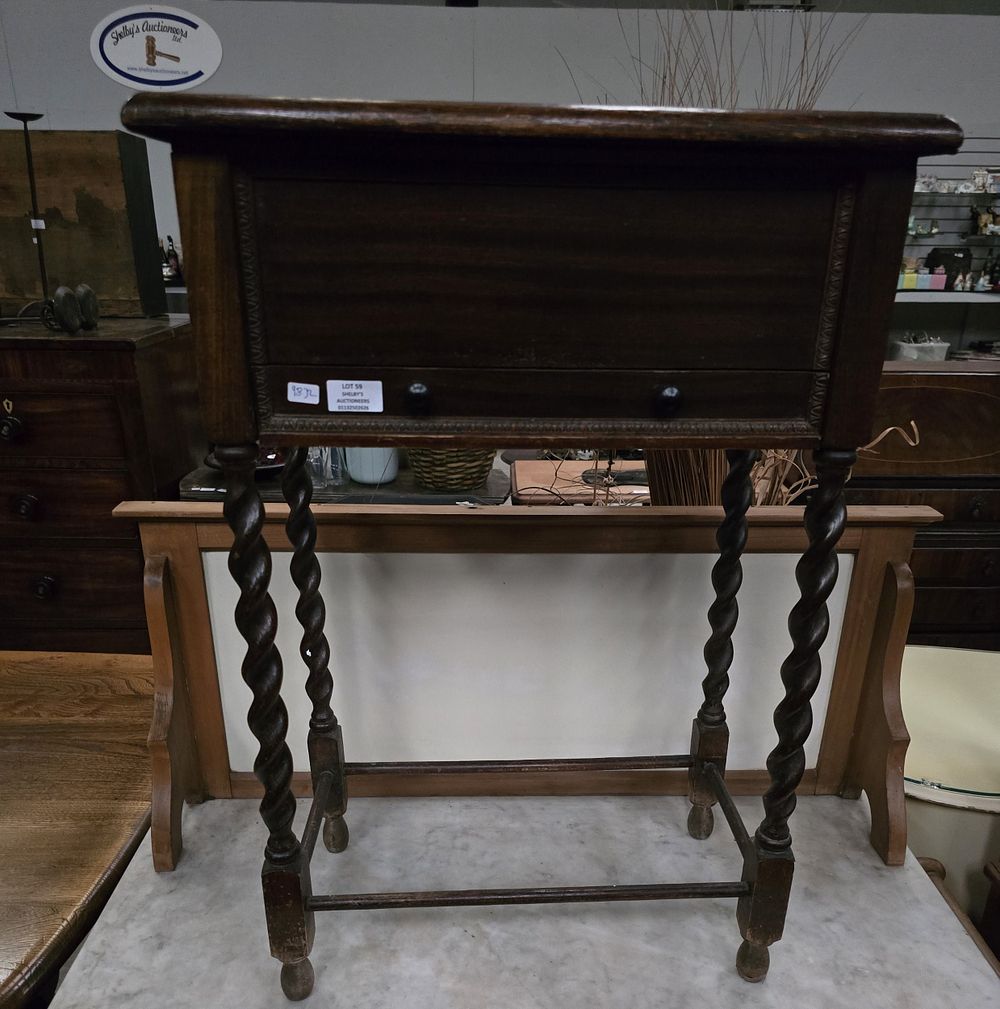 Lot 59: 1 X OAK BARLEY TWIST LEG SEWING TABLE