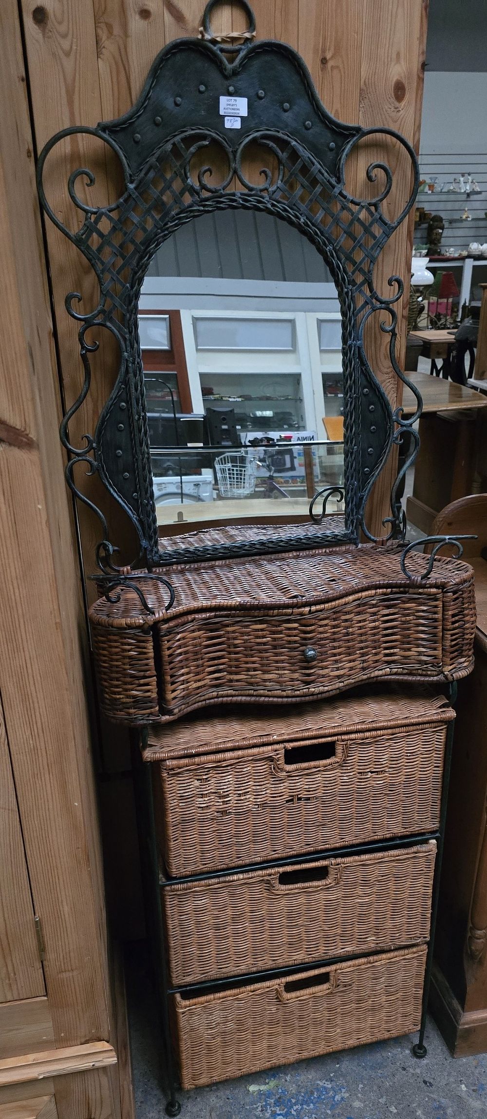 Lot 79: 1 X METAL AND WICKER WORK WALL MIRROR...