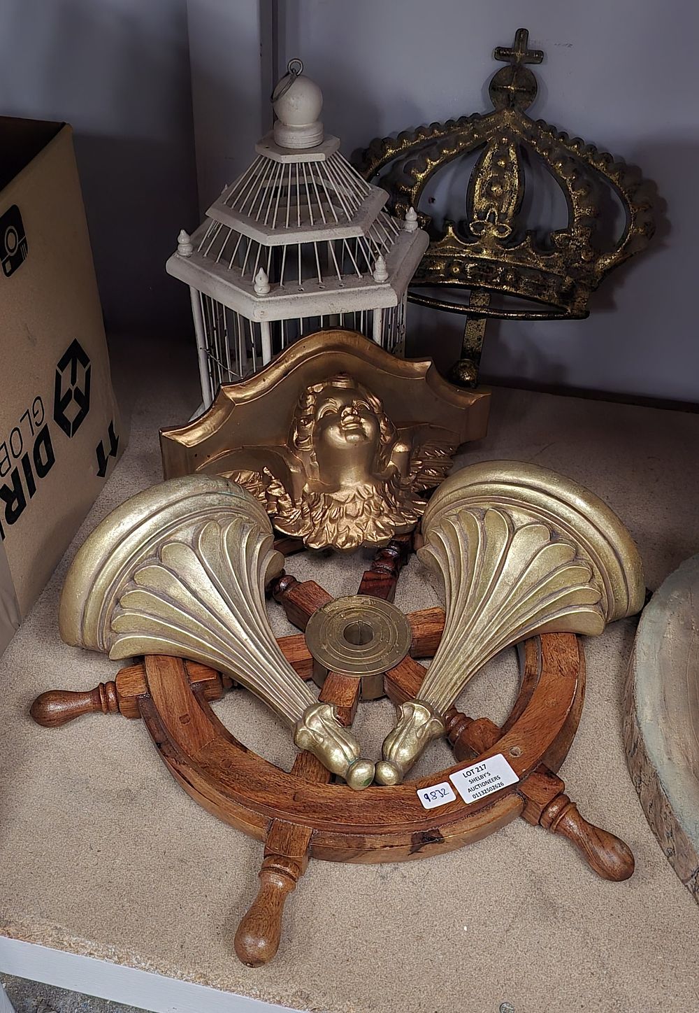 Lot 217: 1 X SMALL SHIPS WHEEL WITH WALL SCONCES...