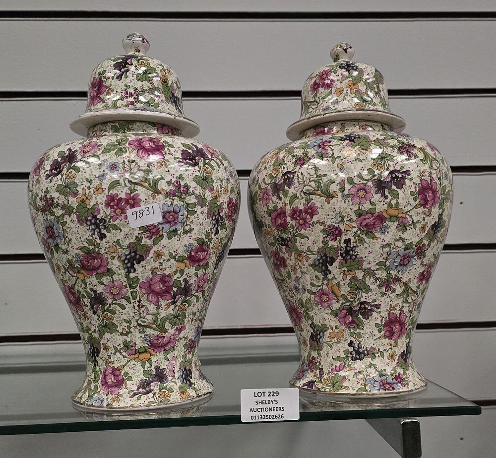 Lot 229: PAIR OF ORIENTAL STYLE LARGE GINGER JARS ONE...