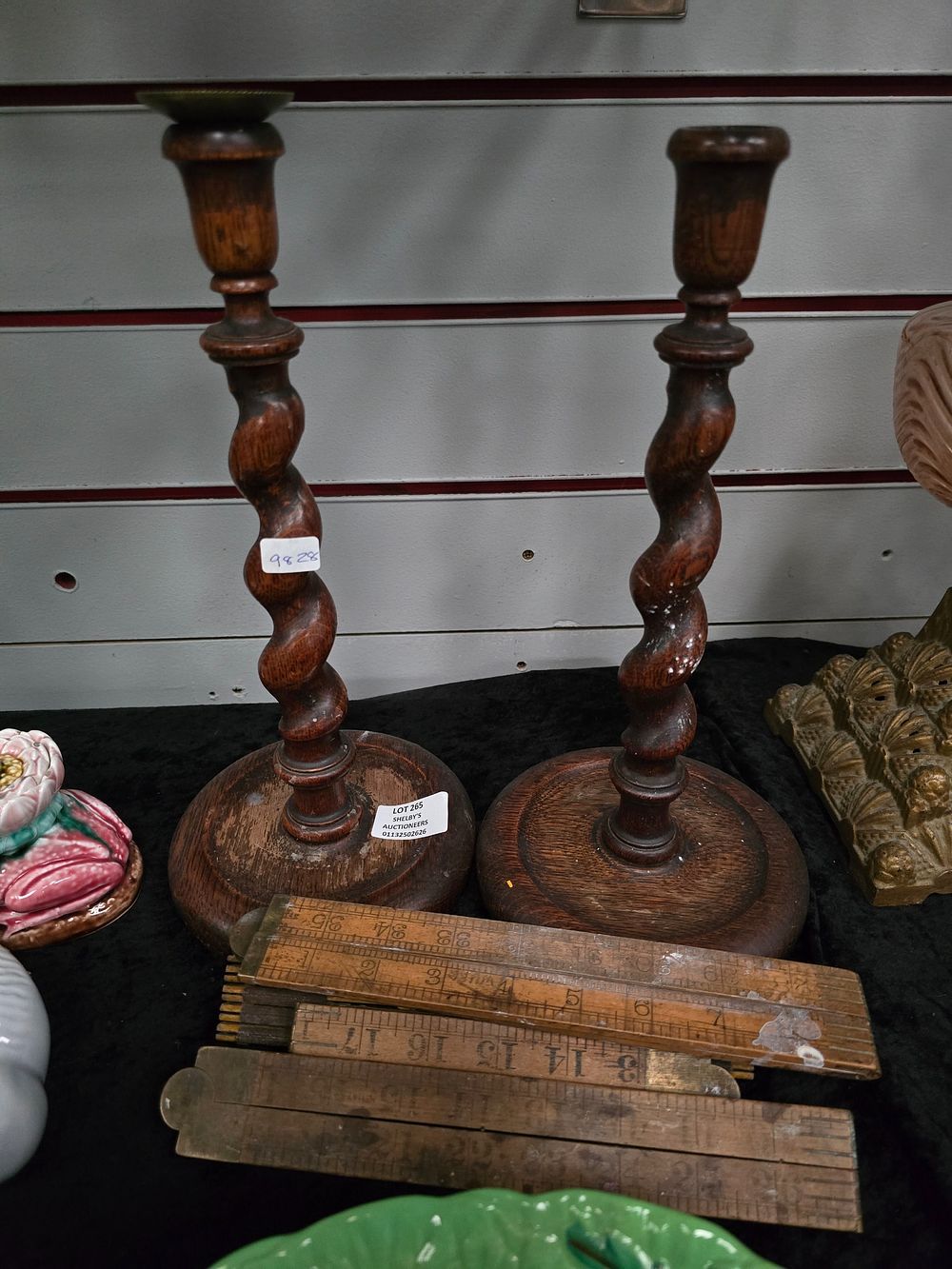 Lot 265: PAIR OF WOODEN BARLEY TWIST CANDLE STICKS WITH...
