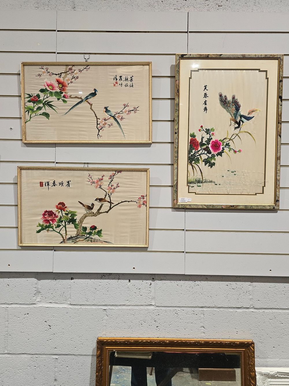 Lot 121: 3 X VARIOUS FRAMED ORIENTAL SILK EMBROIDERYS BIRD...