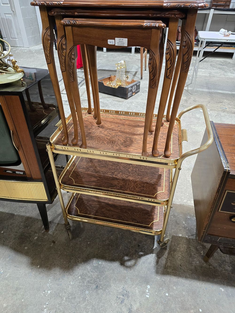 Lot 19: 1 X NEST OF WALNUT VENEER GLASS TOPPED...