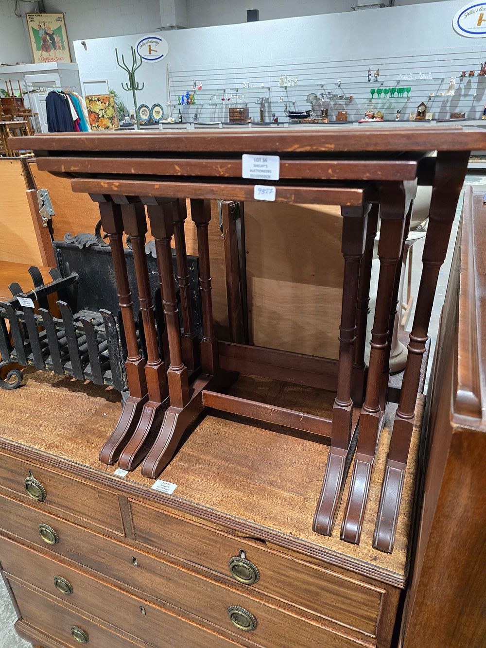 Lot 56: 1 X NEST OF GREEN LEATHER TOPPED SIDE...