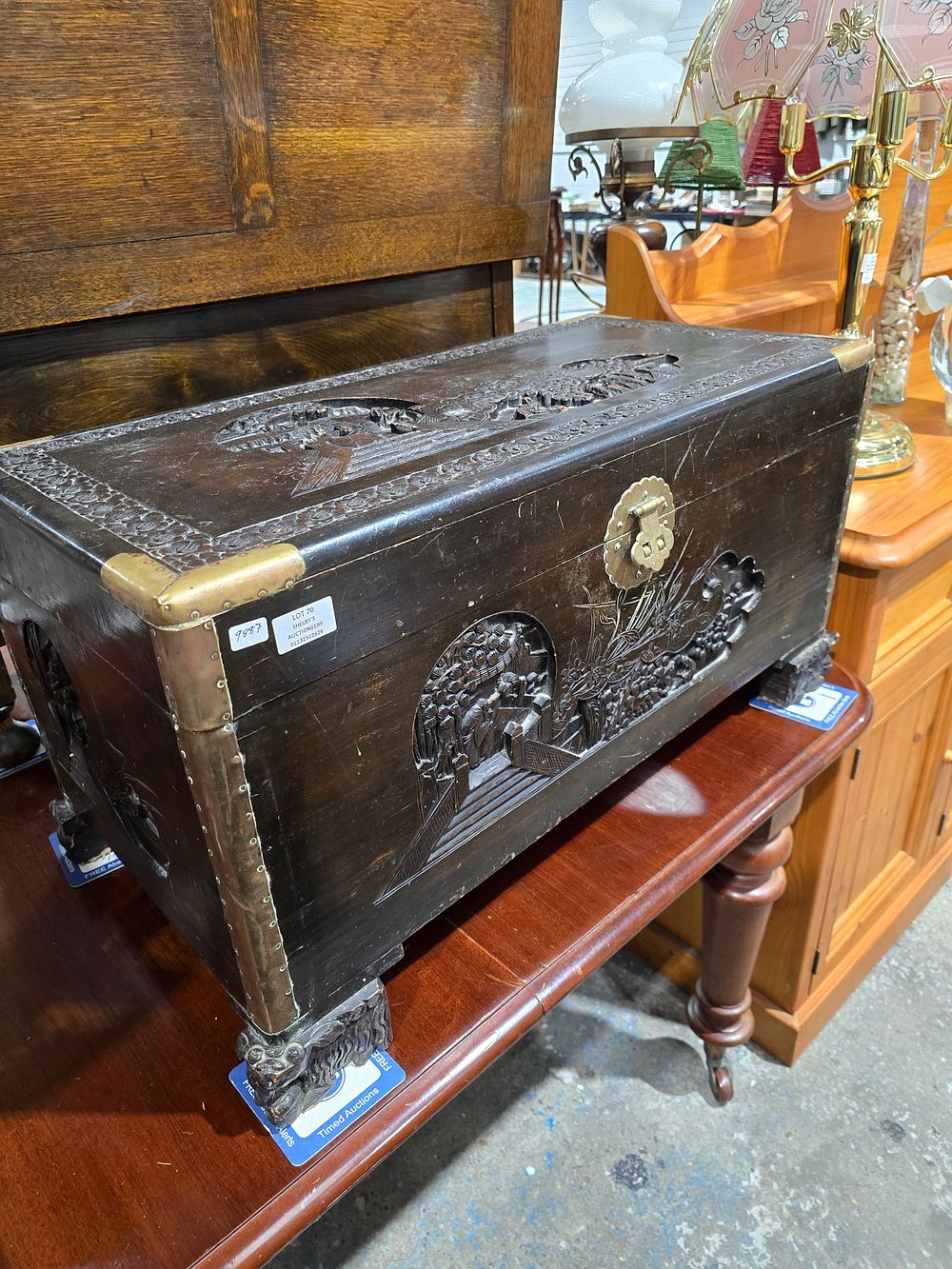 Lot 70: 1 X ORIENTAL CARVED DETAIL CAMPHOR BOX
