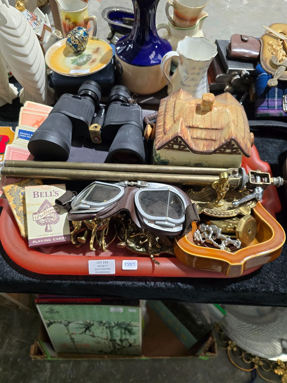 Lot 233: 1 X TRAY CONTAING BRASS WARE MOTORBIKE GOGGLES...