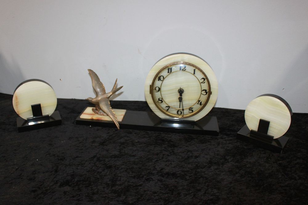 Lot 215: 1 XFRENCH ART DECO TRIPLE MANTLE PIECE CLOCK...