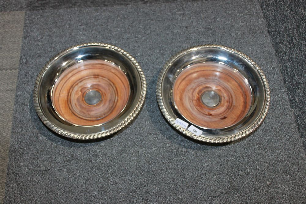 Lot 358: 1X PAIR OF LARGE SILVER PLATED WOODEN BOTTOM...