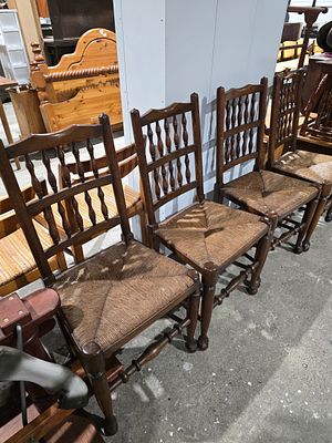 SET OF 4 OAK RUSH SEATED VICTORIAN DINING CHAIRS
