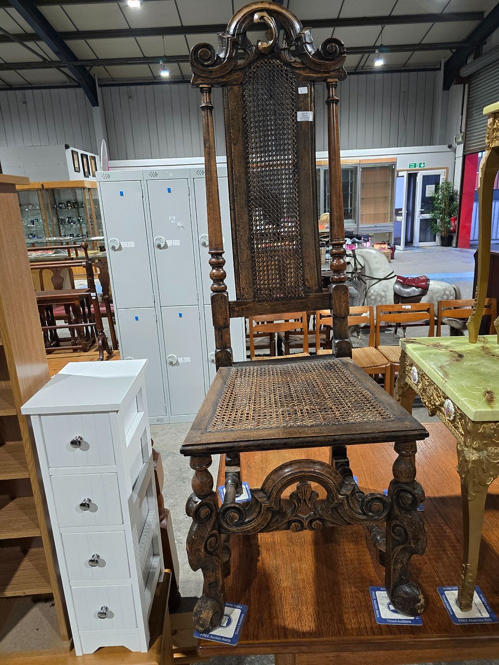 Lot 75: 1 X LARGE HIGH BACK RATTAN SEATED GOTHIC...
