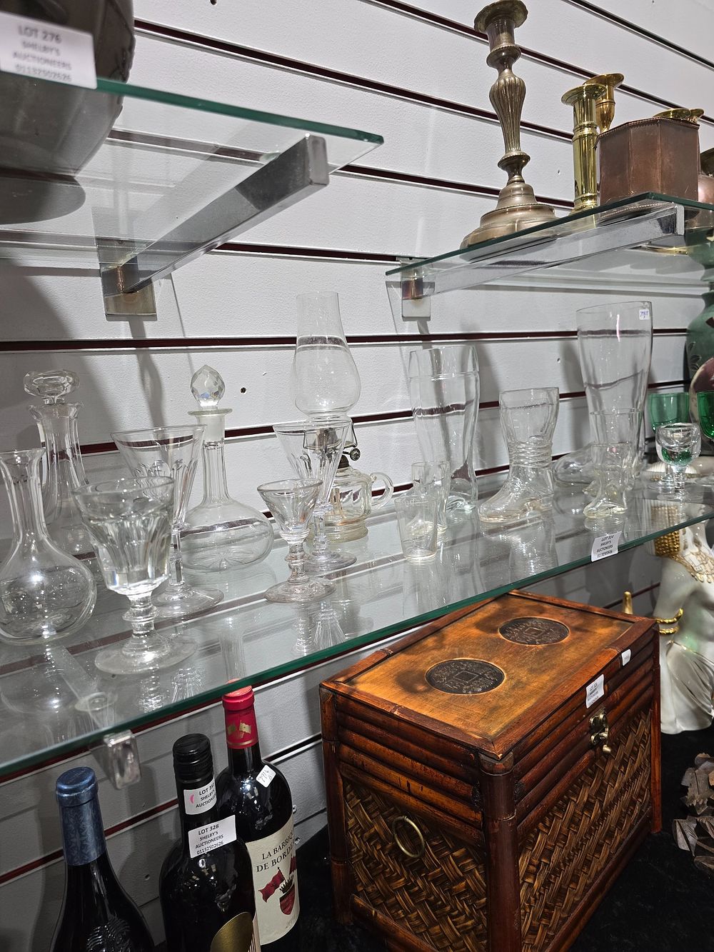 Lot 314: SELECTION OF VARIOUS GLASS DECANTERS WITH WELLIES ETC