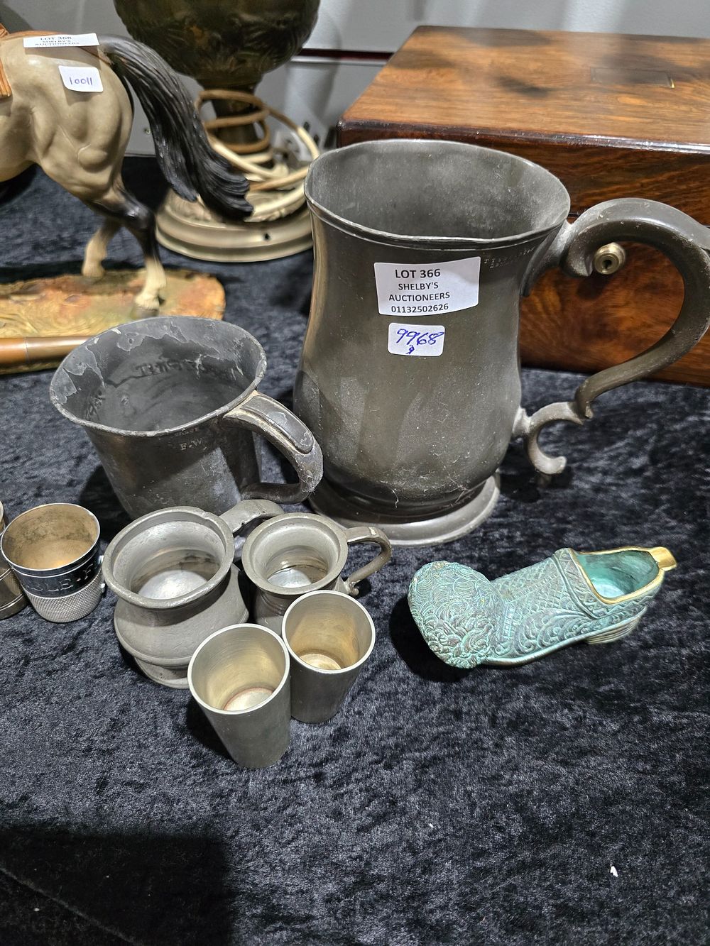 Lot 366: SELECTION OF PEWTER WARE ITEMS WITH WHISKEY MEASURES...