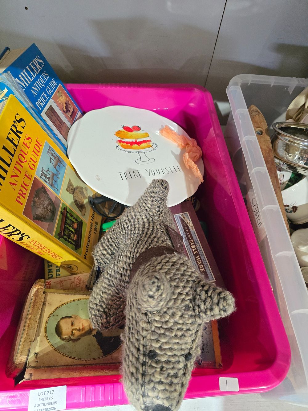 Lot 217: 1 X BOX CONTAINING ANTIQUE BOOKS DOOR STOP...