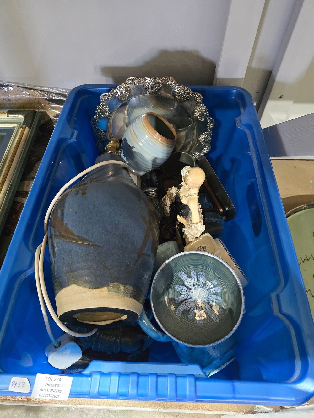Lot 224: 1 X BOX CONTAINING POTTERY WARE AND PLATED...