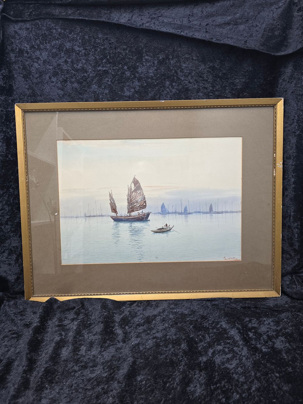 Lot 224: e a katy water colour balinese boat scene