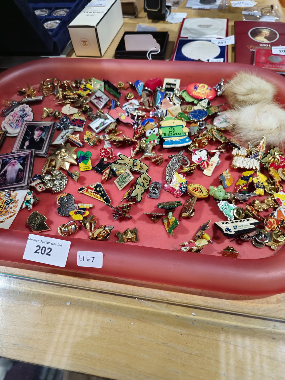 Lot 202: 1 x tray containing various badges and pin badges