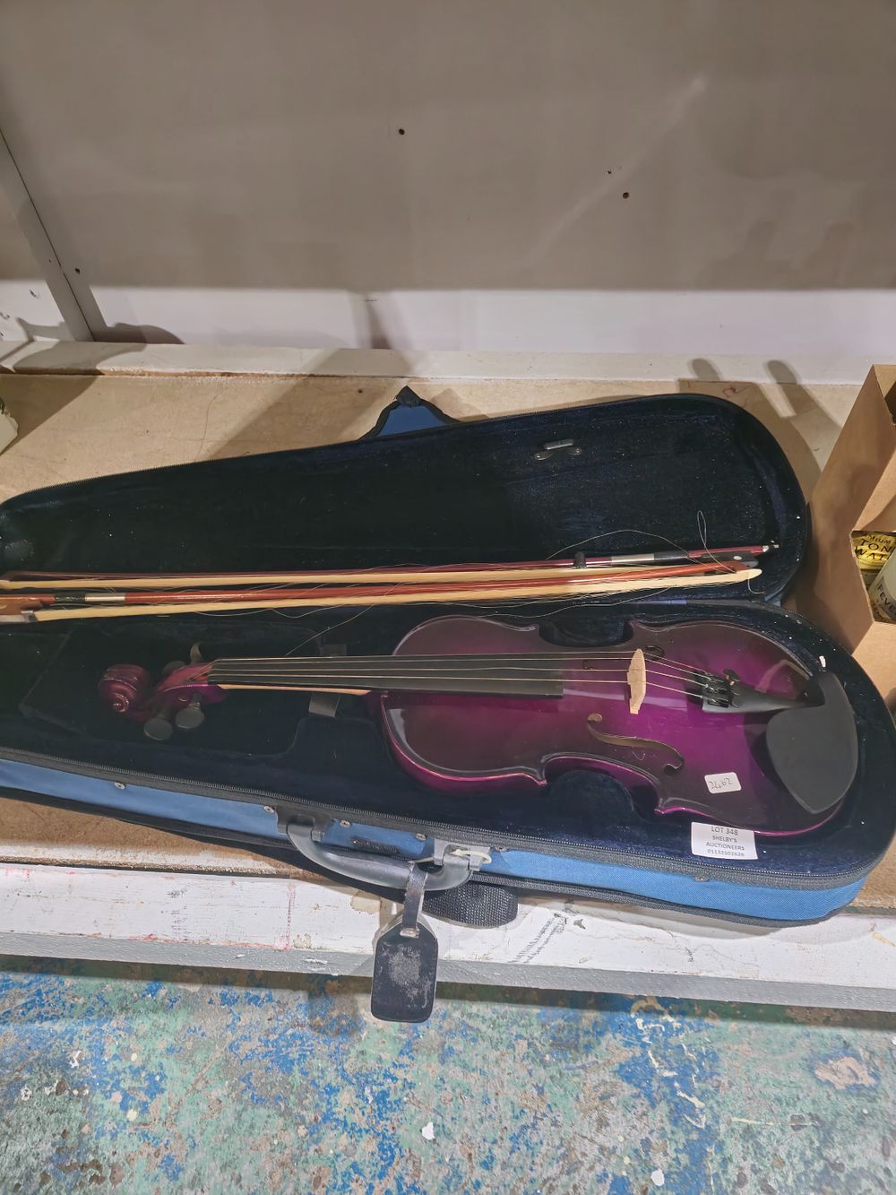 Lot 348: purple knight violin made in china with case etc