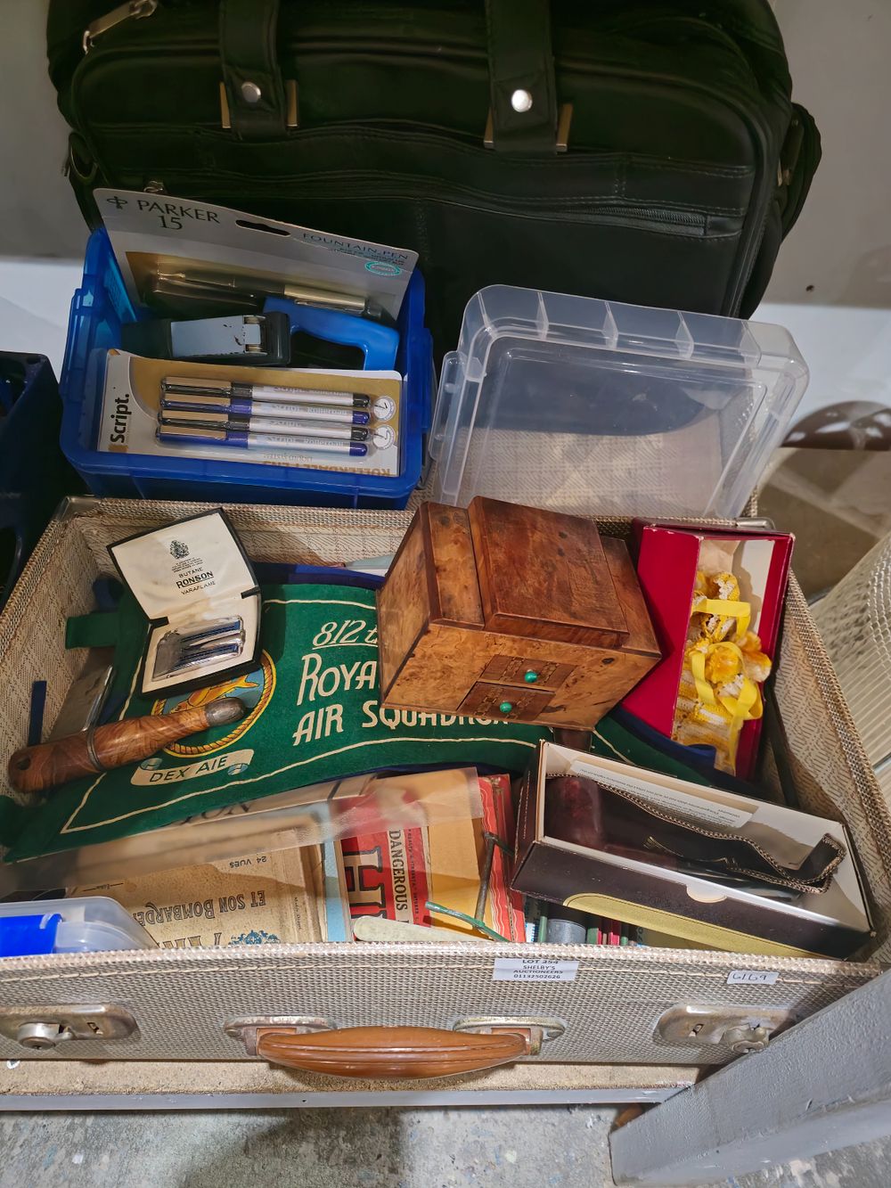 Lot 354: 1 x suitcase containing ordance maps ronson lighter vintage items etc