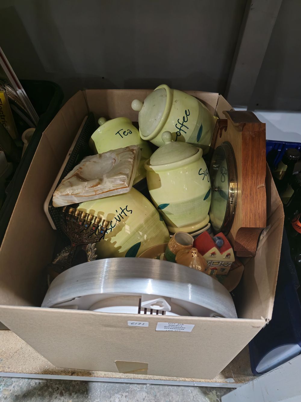 Lot 356: box containing pottery ware items barometor etc