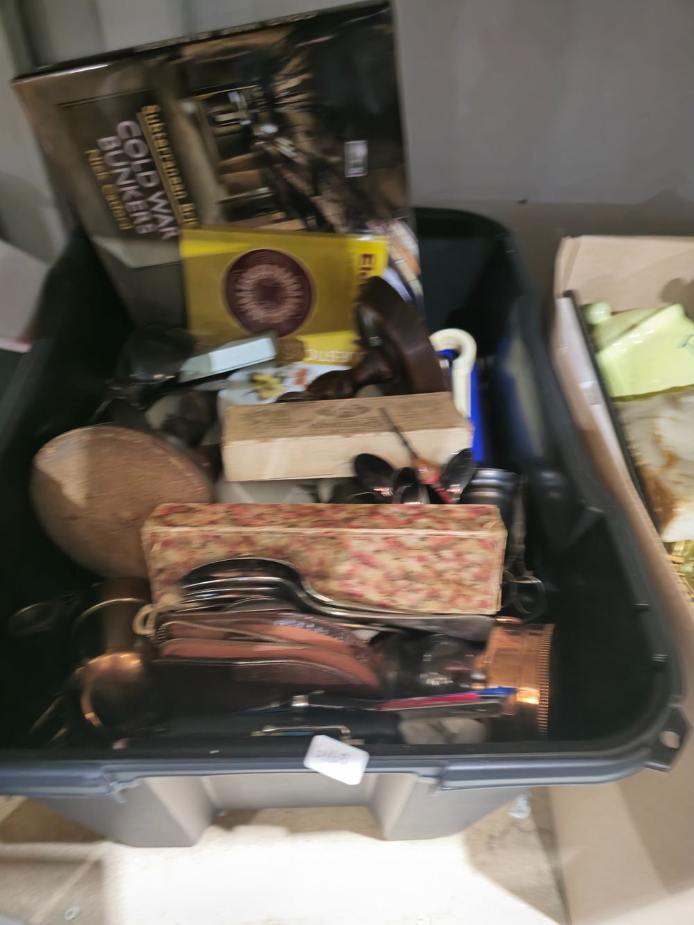 Lot 357: box containing pottery ware plated cutlery ware etc