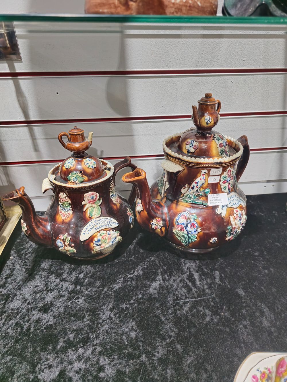 Lot 406: 2 x large barge ware tea pots