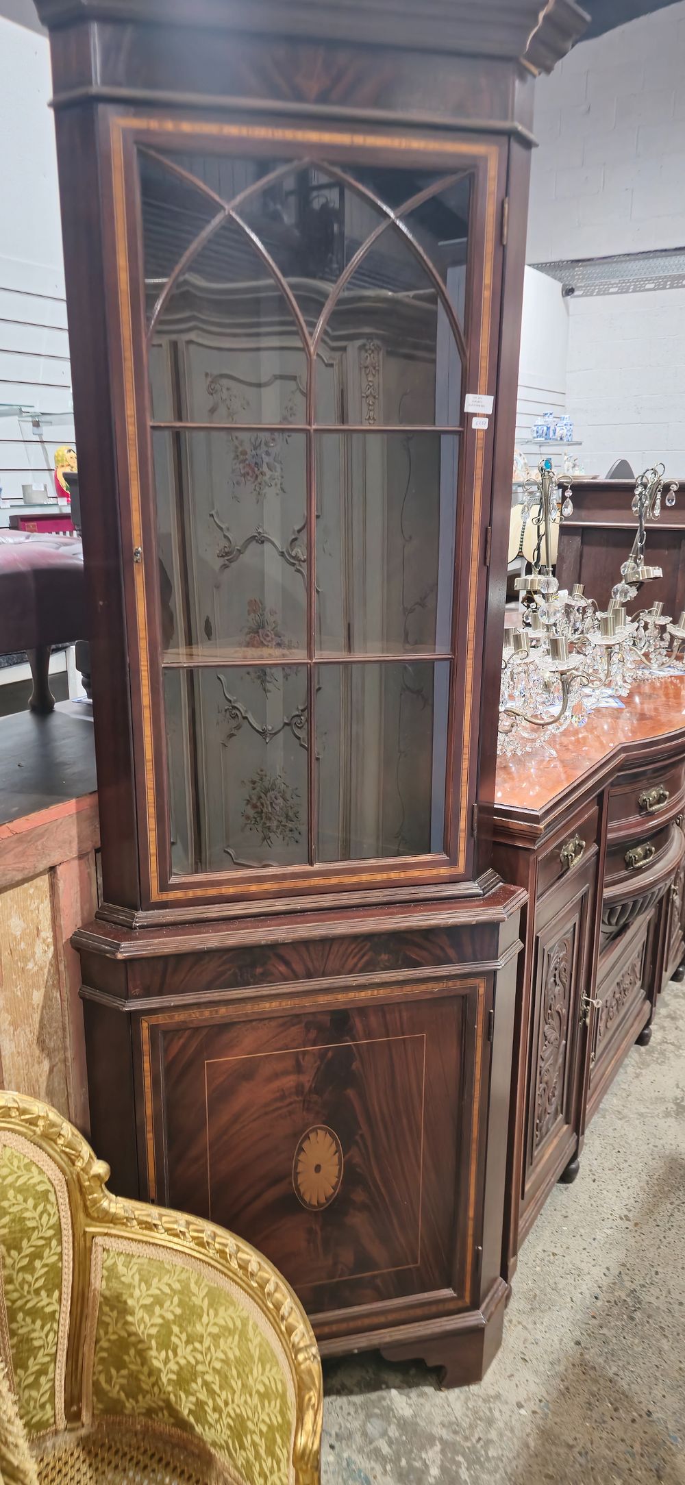 Lot 167: free stading inlaid mahogany corner cabinet