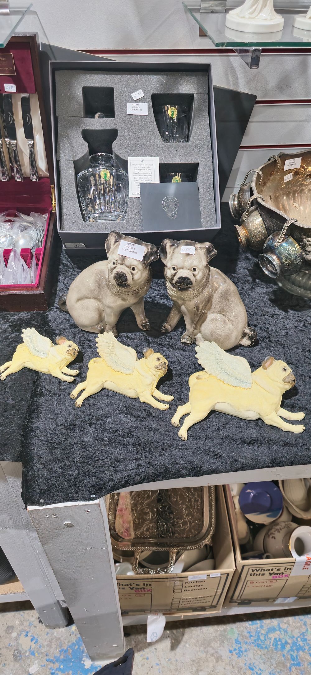 Lot 387: staffordshire pottery dog figurines with 3 pug wall plaques