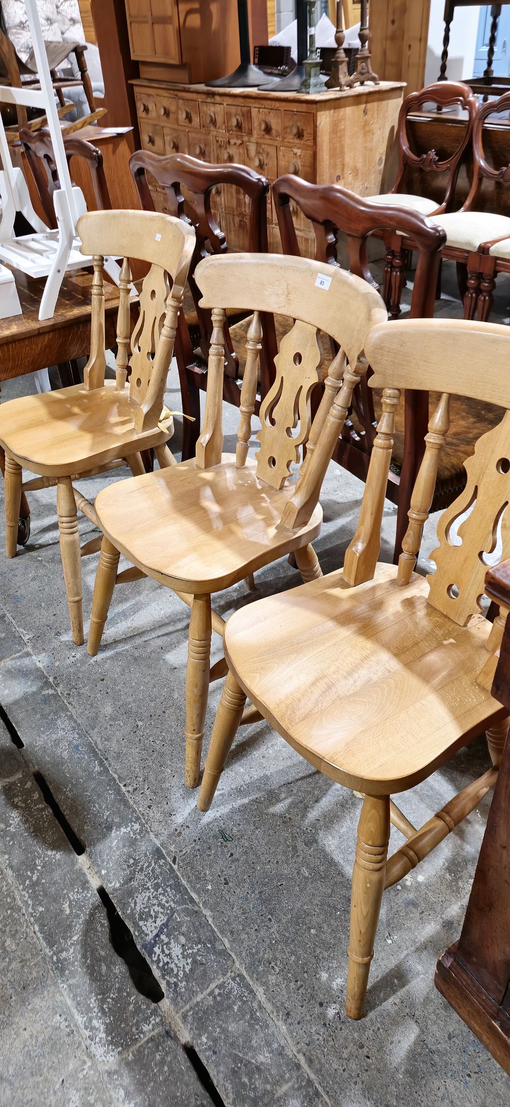 Lot 83: 3 x beech farmhouse chairs