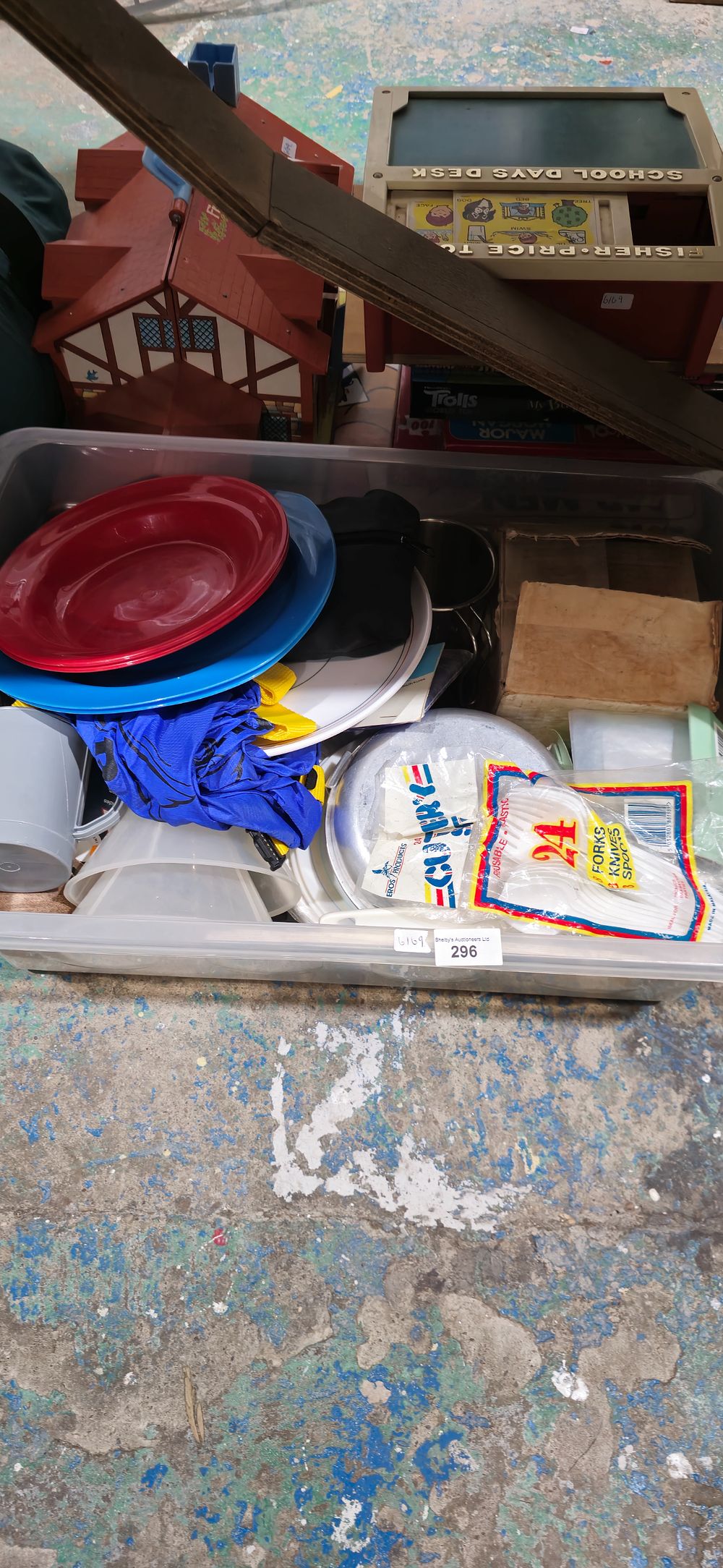Lot 296: 1 x box containing camping cups plates etc