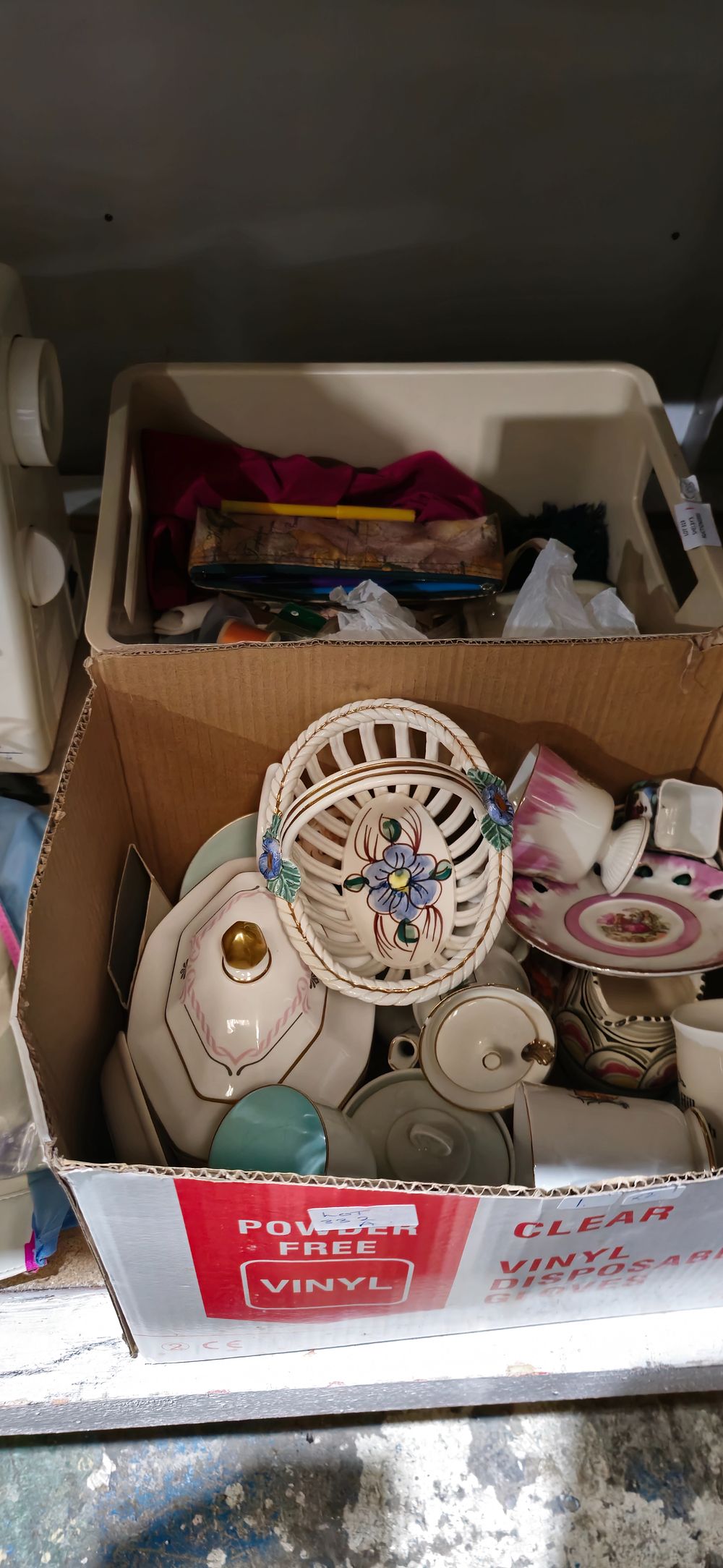 Lot 332a: box containing pottery ware with box of sewing cottens etc