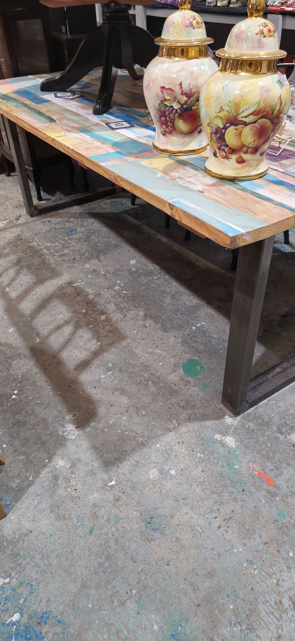 Lot 155: large pine painted table and metal legs with 3 chairs