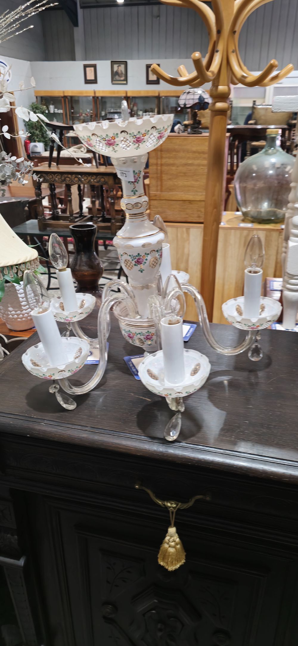 Lot 173: bohemium glass painted floral decor five branch chandelier