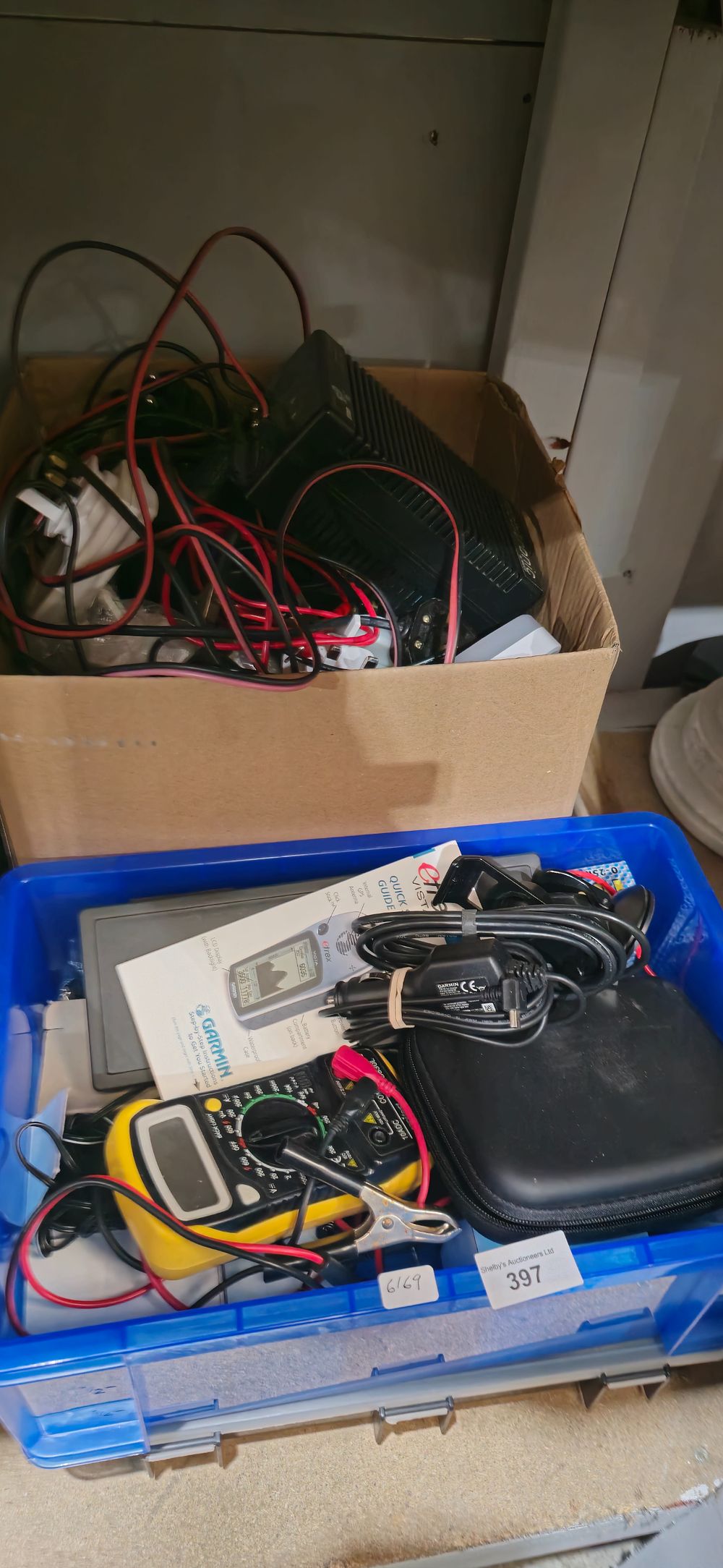 Lot 397: box containing garmin etrex electricity testing items etc