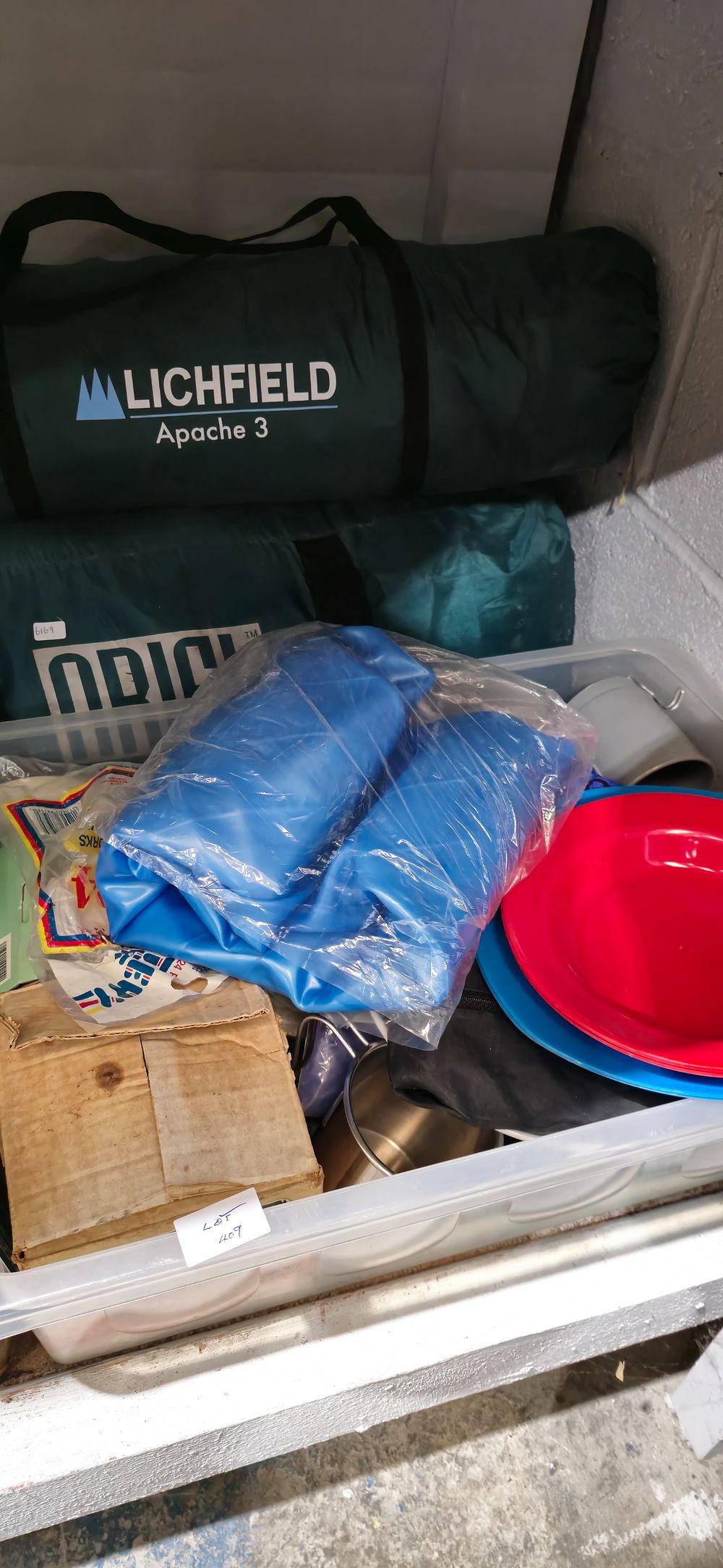 Lot 409: 2 x camping tents with box of camping items