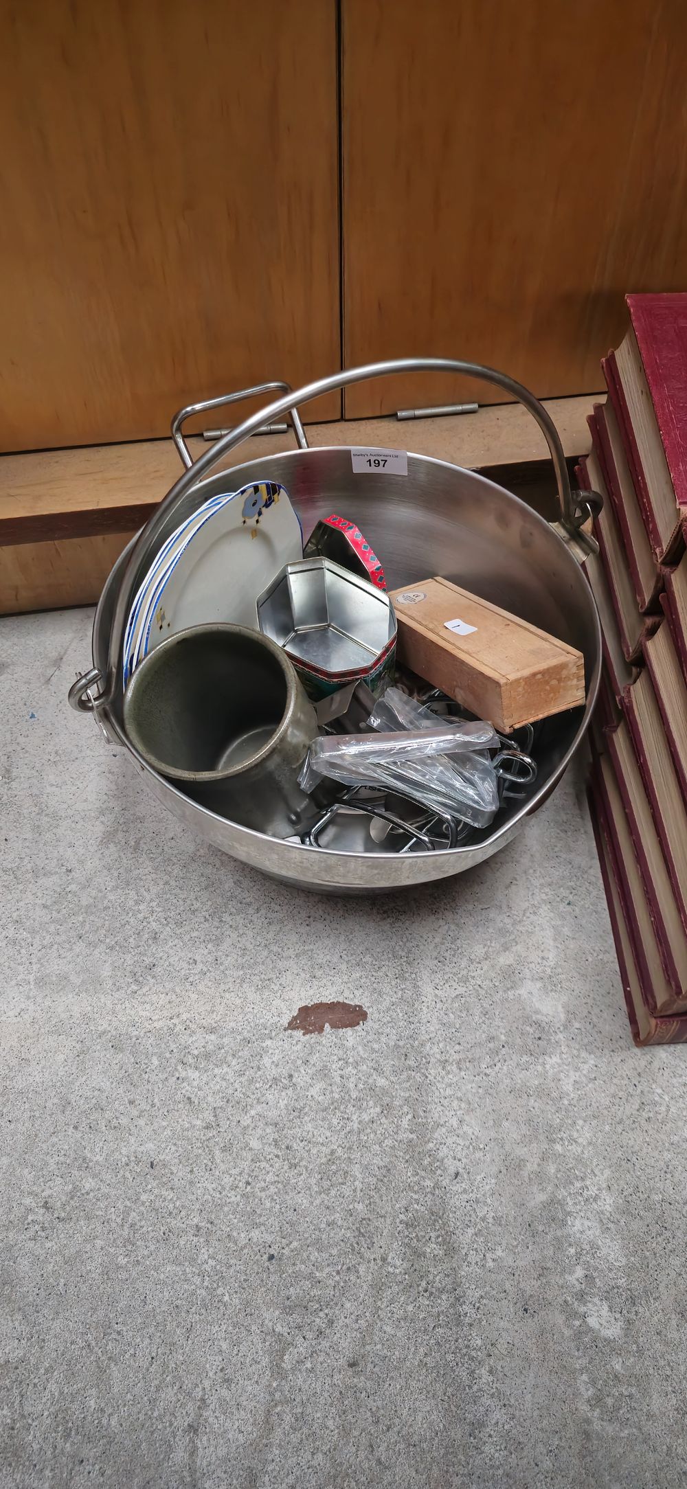 Lot 197: large jam pan with dominoes etc
