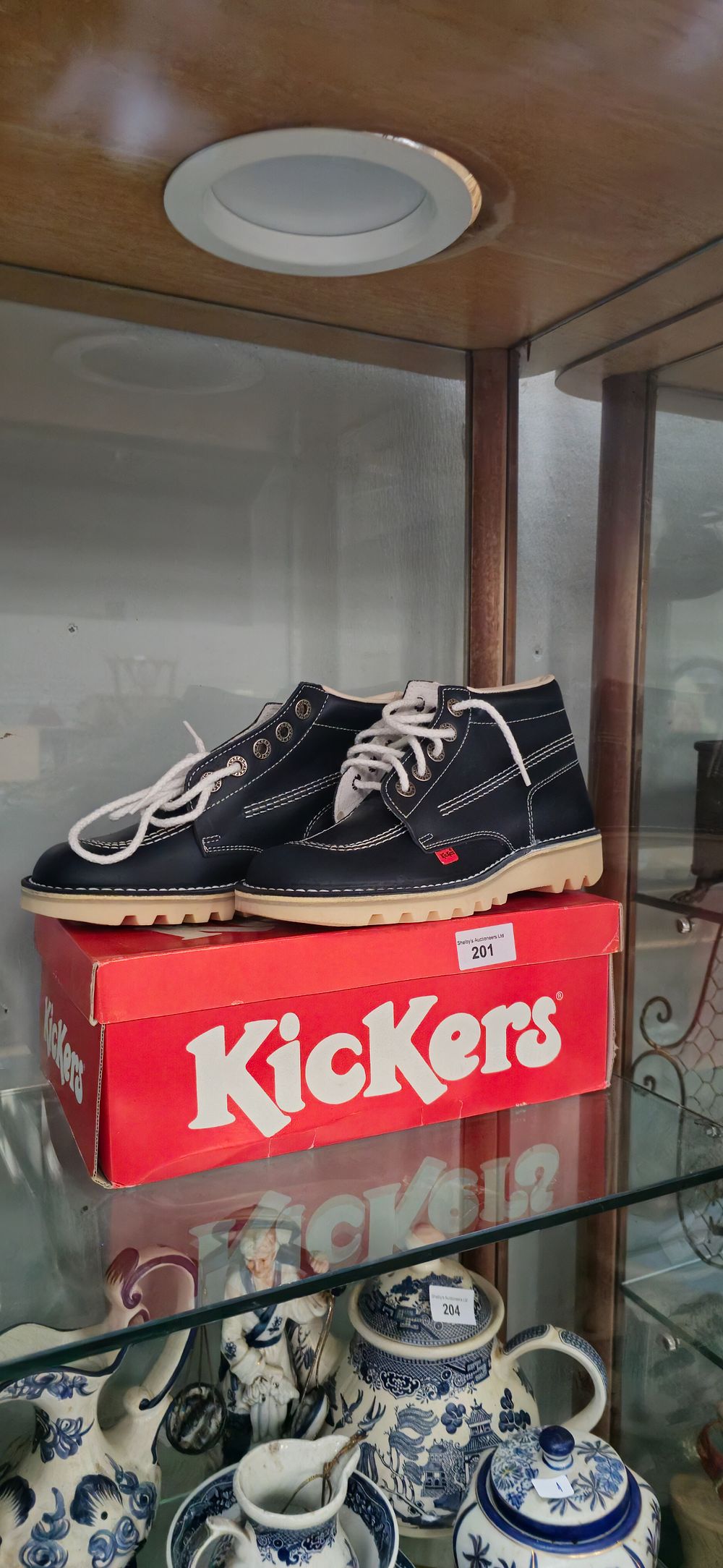 Lot 201: pair new blue leather kickers in box size 5
