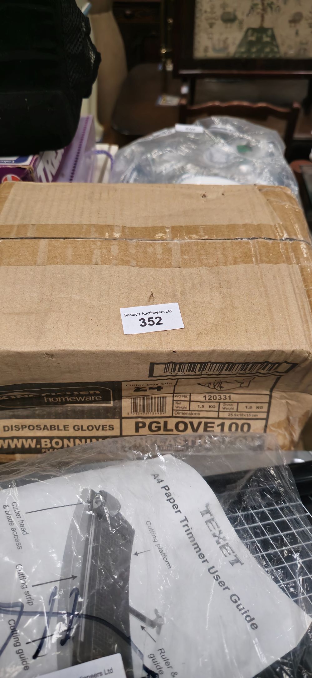 Lot 352: 1 x box containing home ware items disposable gloves etc