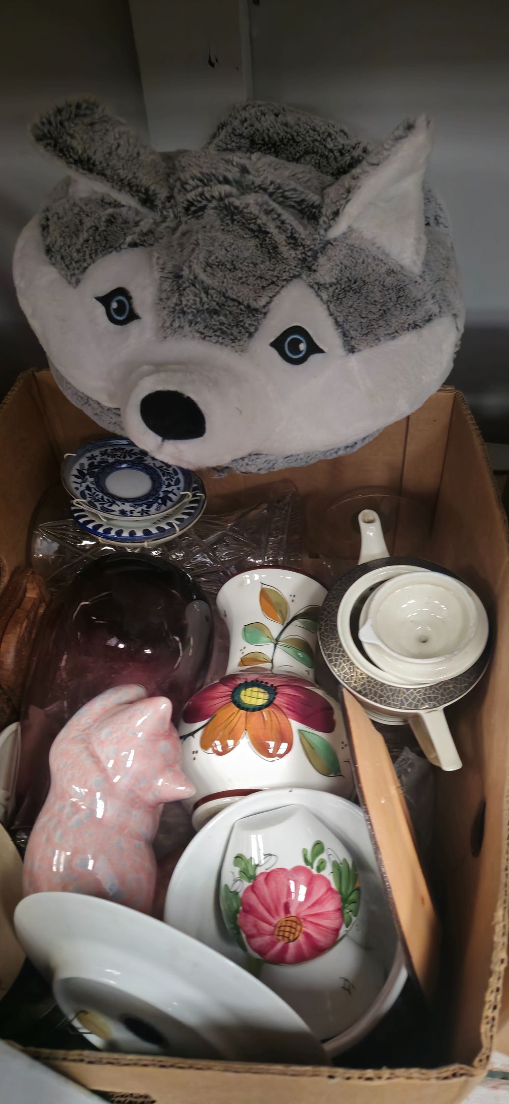 Lot 356: box containing foot warmer pottery ware items cups plates etc